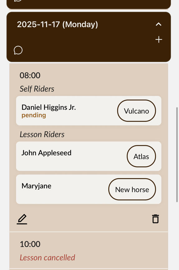 one off schedule one -off horse riding schedule